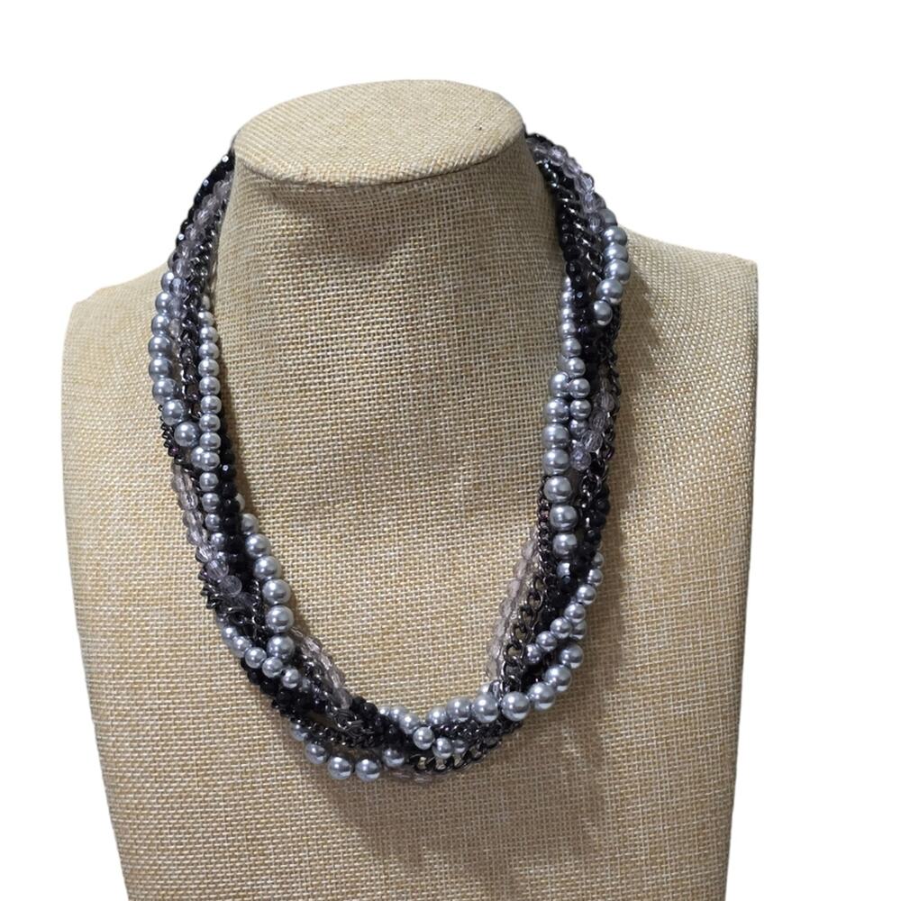 Premier Designs Gray Metallic Multi Chain Faux Pearl Black Bead Twist Necklace